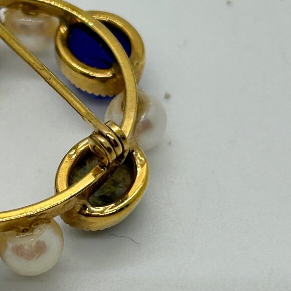 Vtg Wells Brooch Egyptian Revival Scarab Stone14k Gold-Filled Faux Pearl Wreath - Picture 4 of 14